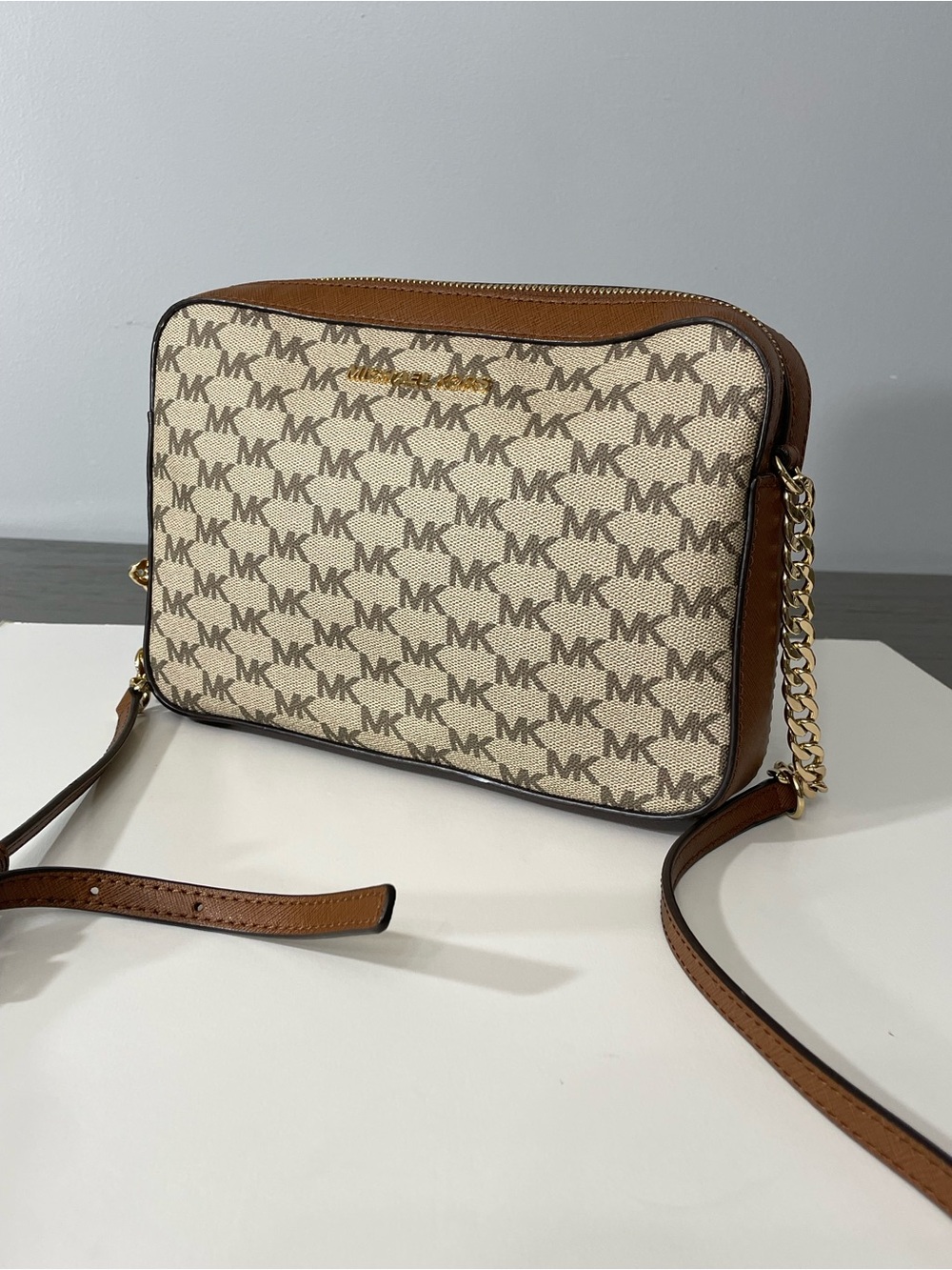 Michael Kors Beige/Brown MK Logo Crossbody with Gold Chain